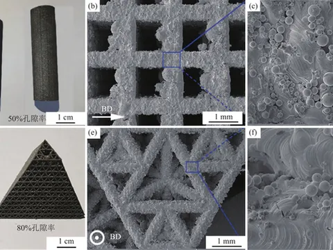 Complex-structured Fe-Si porous components fabricated by 3D printing: (a) 3D structural model; (b) printed solid specimen; (c) microstructure of surface-layer porous region