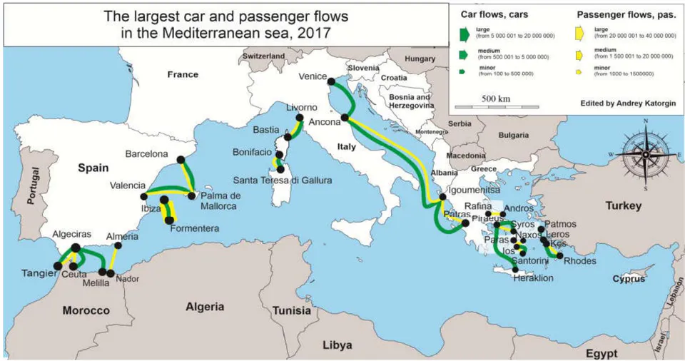 Figure 3: The Largest Car and Passenger Flows in the Mediterranean Sea, 2017.