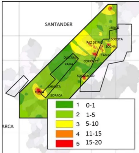 Figura 3: Mapa IDW de intervalos de contenido de gas del polígono de estudio. Fuente: Los autores.