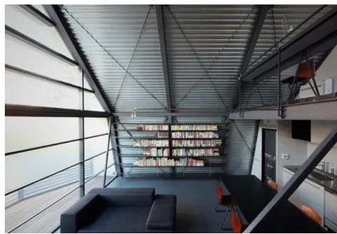Fig. 3: Mishima House by Keiji Ashizawa Design (2010) Despite being located in the centre of Tokyo, the apartment provides privacy for the owners, as all private rooms are located on the closed lower floors, while the living room, library, and study are located on the third level and, although they have large panoramic windows, frosted glass protects the residents from excessive attention from the outside world. The severity and restraint of the interior is emphasised by the steel beams under the ceiling, dark grey colour scheme with red accents.