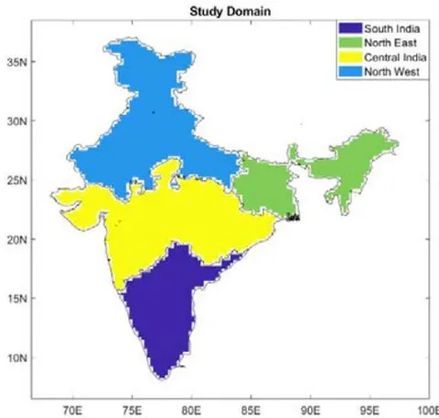 Figure 1: The four rainfall homogeneous regions of India used in this study.