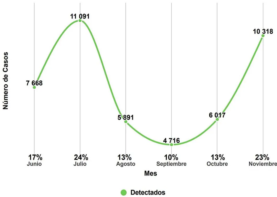 Figura 1: Distribución de pacientes detectados según los meses estudiados. Fuente: Base de datos. Laboratorio de Biología Molecular y NAT del CHDrAAM. CSS. Panamá 2020.
