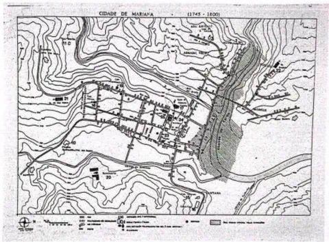 Fig. 9 - Mapa-smtese da idade de Mariana (7- As hachuras mdicam a extensão provavel (segundo a documentação e a topografia) das inundaçdes de meados do seculo. Novas edificações Casa de Cămara e Cadea (Caela da Merces (Capela da Arquconraia (Seminário)gea deSão Pe), Igreja do Rosário (22). Aljube (23). Igreja de São Francisco (24). Igreja do Carmo (25).