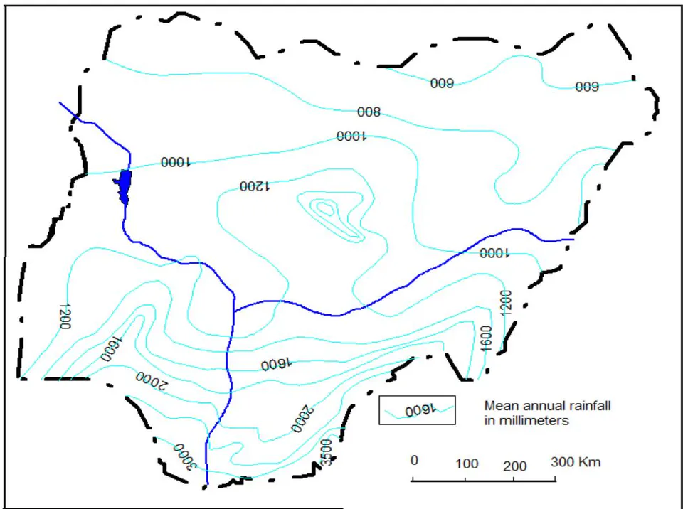 Figure 3: Map of Annual Depth of Rainfall in Nigeria (After Schoeneich, 2004)