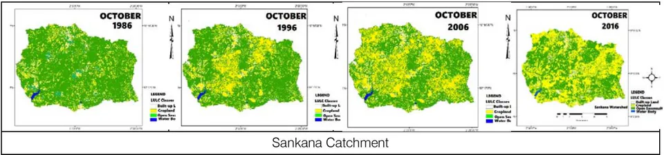 Fig. 3: Landuse/Landcover Landsat Images of Study Reservoir Catchments for 1986, 1996, 2006 and 2016
