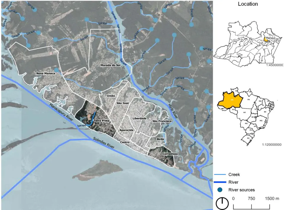 Figure 1: Maps of Manacapuru's situation and highlights of the two neighborhoods and the location in Brazil