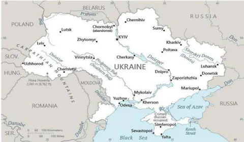 Figure 1: Ukraine map showing major cities, parts of the surrounding countries, the Black Sea, and the Sea of Azov (U.S. CIA World Facts, Ukraine, November 2022)