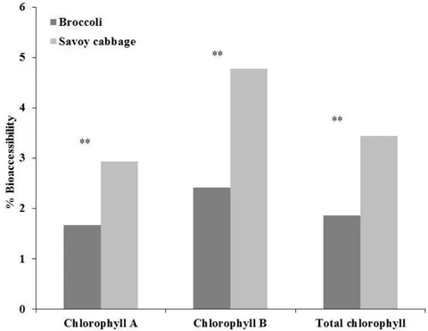 Figure 3: Bioaccessibility Percentage of Chlorophyll A, Chlorophyll B and Total Chlorophyll in Broccoli and Savoy Cabbage.