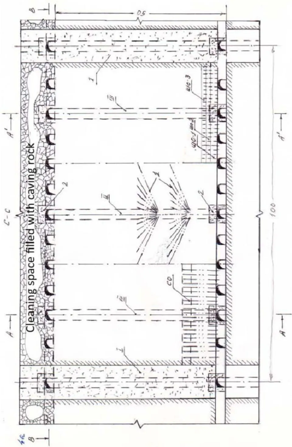 Fig. 7a: Development system with stage-by-stage boring using a monorail mechanized complex with subsequent detection of host rocks alternately with a hardening thixotropic backfill through one chamber.