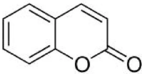 Figure 7: Chemical structure of coumarin molecule. Its molecular weight of 146.1427 g/mol, a boiling point equals 301.7 degrees Celsius, with a density of 935 kg/m3 and a melting point of 71 degrees Celsius.