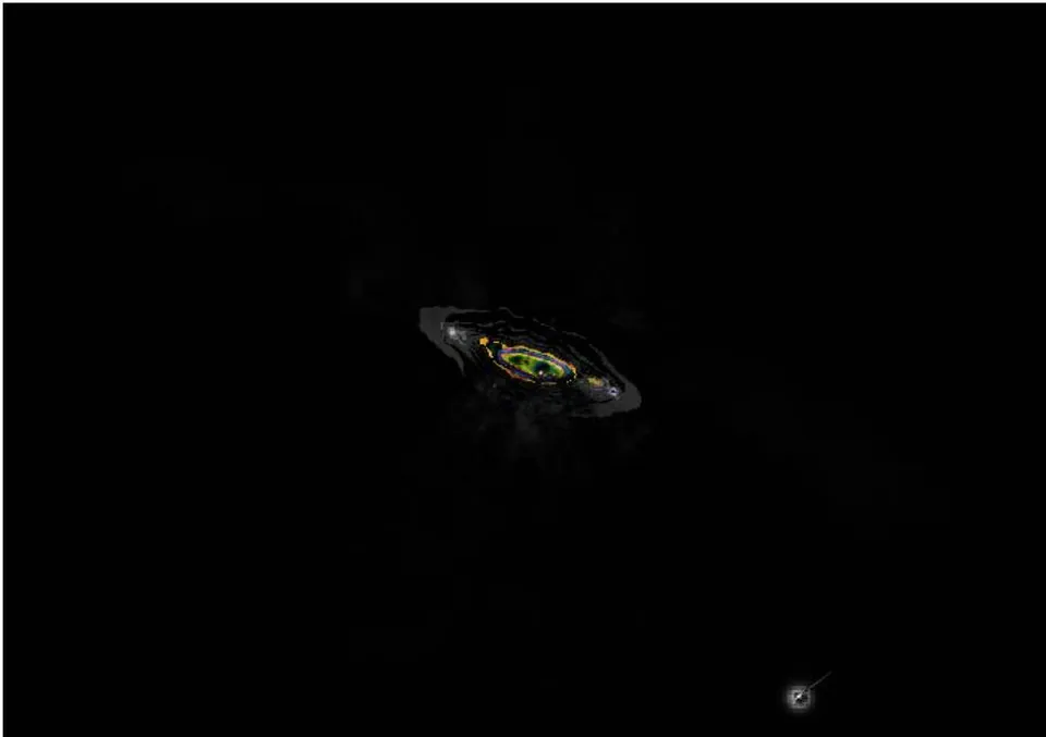 Figure 1: Multispectral Material Field Recombination on the Kerr-Newman Supermassive Compact Object (KNSMCO) on NGC 3034 with the Outline of the Fifth Cosmic Force