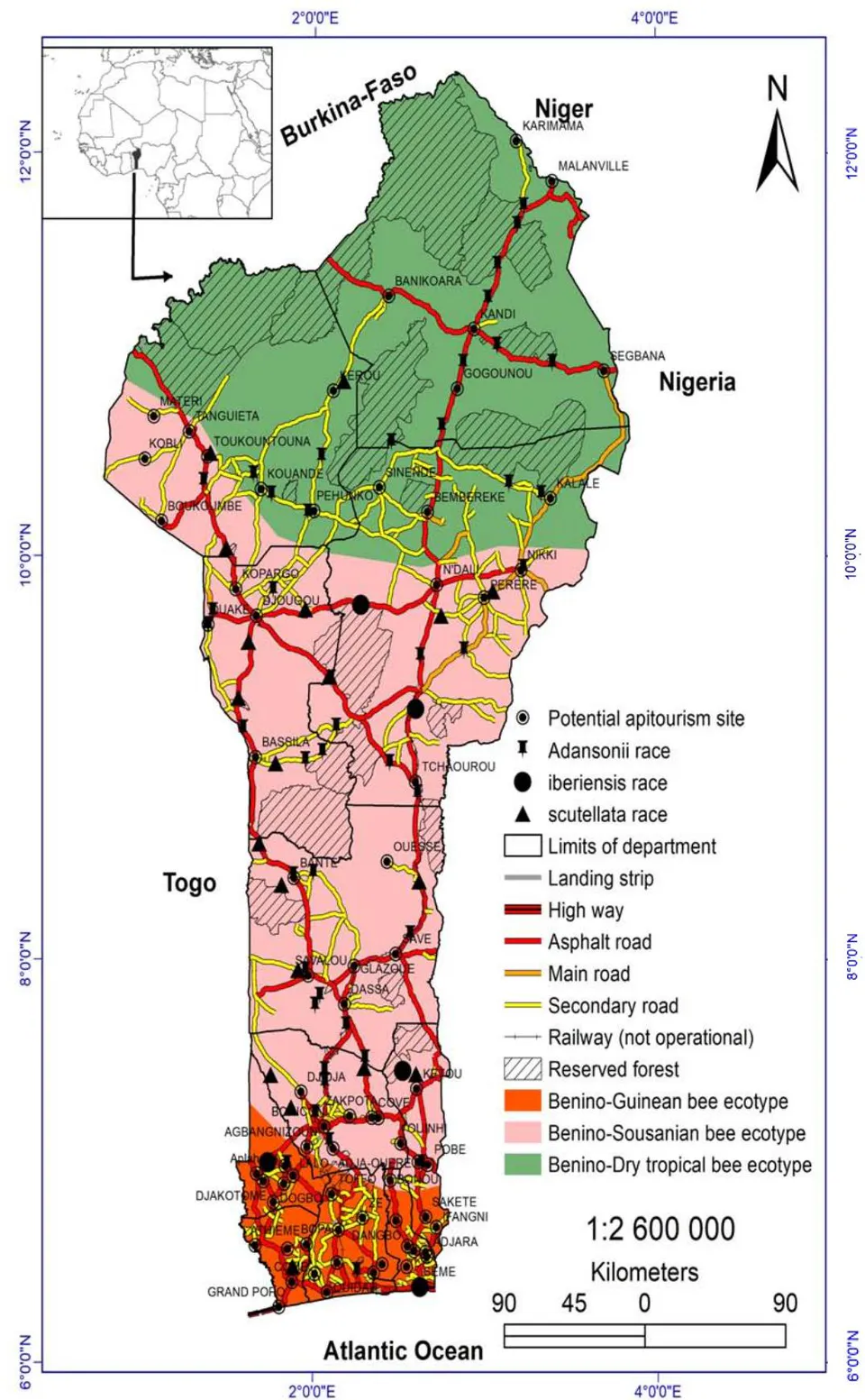 Figure 3: Apitourism regions map of the Republic of Benin based on the bee morphotypes distribution and key administrative traits of the country. Administrative and transport data are from the National Geographic Institute of Benin. The bee ecotypes are the ones from Amakpe et al. (2018).