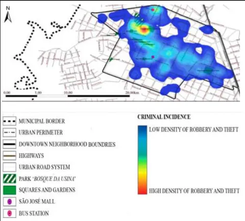 Figure 2: Maps of the Location of the Study Area (Top Left) and of the Crime Incidence in the City (Top Right) and in the Central Neighborhood of São José dos Pinhais (Bottom Right), and of the Selected Points of Robbery and Theft (Bottom Left)