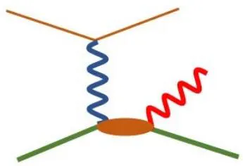 Figure 3: One of the Feynman diagrams includes virtual Compton scattering. The orange line is an electron, the green one is a proton, the blue one is a virtual photon. The red one is a real one. R. Li et al. / Nature, 2022