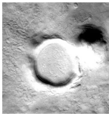 Figure 5: Images from Viking and more recent image from Mars Odyssey of a tall object on the debris lobe of a crater, showing what appears to be a heavily eroded object