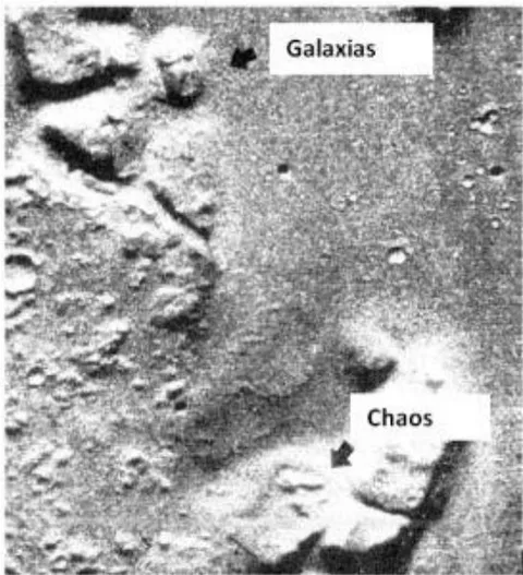 Figure 21: A portion of the Viking image frame 86A10 Figure 22: An enlarged portion of the Viking image frame 86A10 showing the what appear to be two faces, the upper one (Galaxies) strongly resembling the face at Cydonia and the bottom one (Chaos), apparently, based other Viking images, of much lower relief