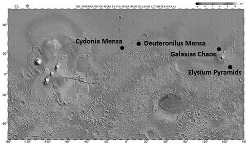 Figure 3: Sites of landforms suggestive of archeology on Mars