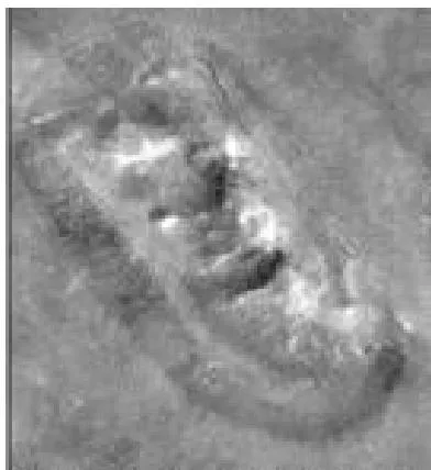 Figure15: Carlotto shape-from-shading 3-d model derived images showing expected view of the Face from Viking data (left) at MSSS image viewing angle versus (right) enhanced MSSS image (Courtesy Mark Carlotto)