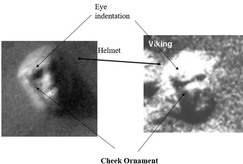 Figure 23: A comparison of the Face at Cyclonia and the Face of Galaxies, showing apparent shared details