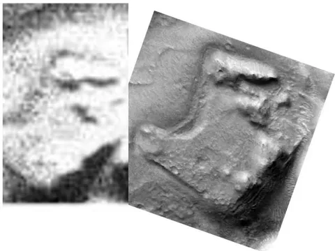 Figure 28: The lower relief Face of Chaos imaged by Viking in 86A10 and a high resolution by MRO inCTXP17_007685_2133_XN_33N211W