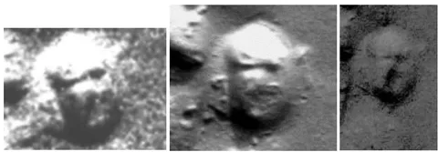 Figure 25: (L) Galaxies Face, from Viking image 86A10. (L) Galaxies Face A, 2006 MARS ODYSSEY image V2228601 and from Mars Express High Res image H5406_0001_ND3.