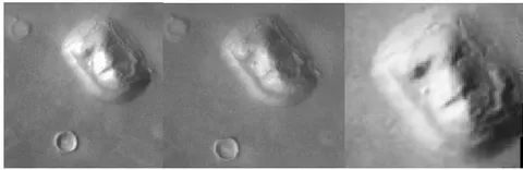 Figure 13: Mars Odyssey images (L-R) V10598012 (L) V1024003 (middle) and V12445004 (R), imaged in years 2001-2005, of the face in Cydonia taken under similar viewing and lighting conditions as the Viking images. Note helmet ornamentation and circular crater beside the face