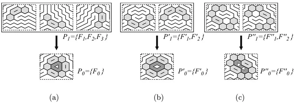Figure 9: Branched covering of singular flows. (a) A branched covering P_{1} of F_{0}. P_{1} has three sheets F_{1}, F_{2}, and F_{3}. P_{0} consists of one singular flow F_{0}, where F_{0} has an isolated triangle. (b) A branched covering P_{1}' of F_{0}'. P_{1}' has two sheets F_{1}' and F_{2}'. P_{0}' consists of one singular flow F_{0}', where F_{0}' has two terminal triangles. (c) A branched covering P_{1}'' of F_{0}''. P_{1}' has two sheets F_{1}'' and F_{2}''. P_{0}'' consists of one singular flow F_{0}'', where F_{0}'' has two branch triangles.
