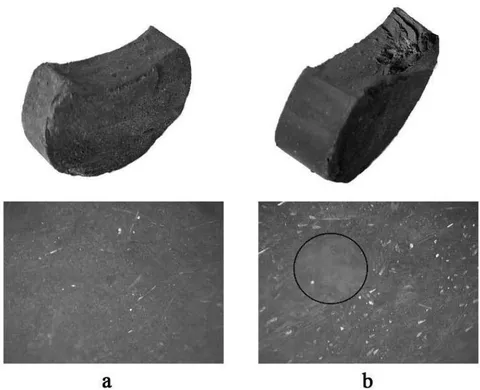 Figure 1: Basalt plastics after friction, containing 50 (a) and 70 (b) mass.% of basalt fiber