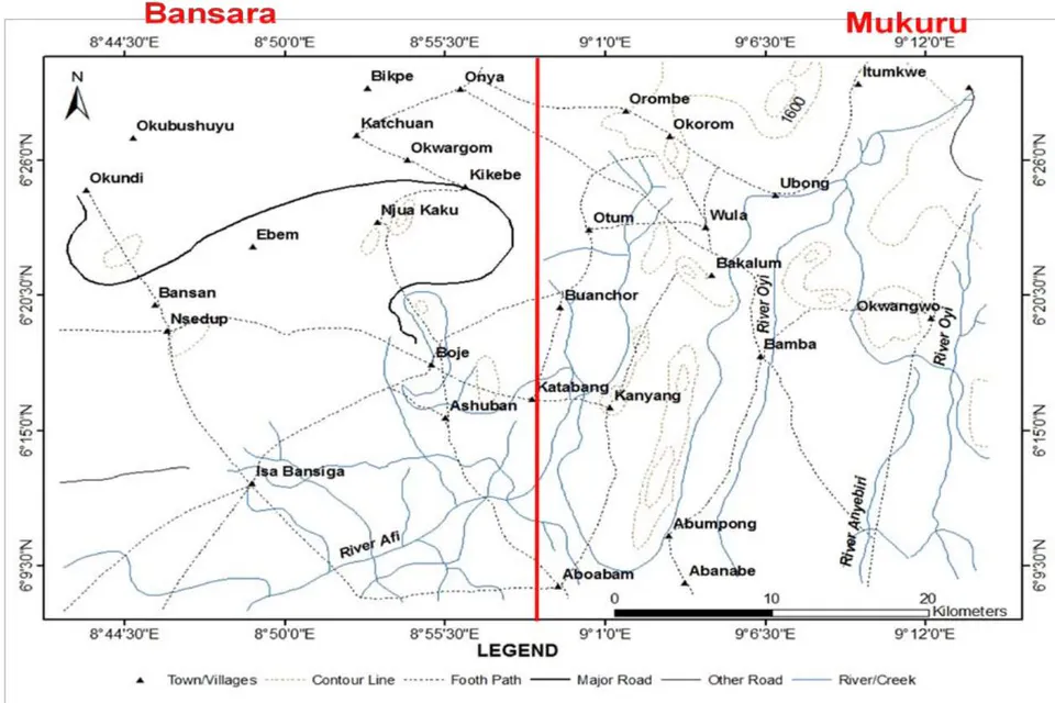 Figure 1: Satellite terrain map showing fractures in Boki, increasing towards the east in the Bamenda massif of Cameroon area (Source: Google Earth 2020)