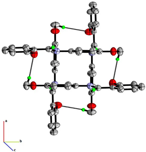 Fig. 2: ORTEP view of molecule with displacement ellipsoids drawn at 40% probability level (H atoms are shown as small arbitrary radius). The dotted line shows the intramolecular hydrogen bond.