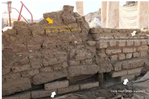 Figure 32: The senior conservator, Lotfi Hassan, the Author disassembles the inclined sections to clean, strength and rebuild them in the right position.