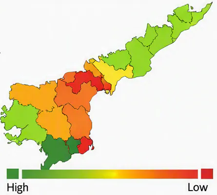 District map of Andhra Pradesh illustrating the geographic gradient of satisfaction from high to low