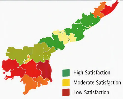 Geographic map of Andhra Pradesh districts categorized into high, moderate, and low satisfaction zones