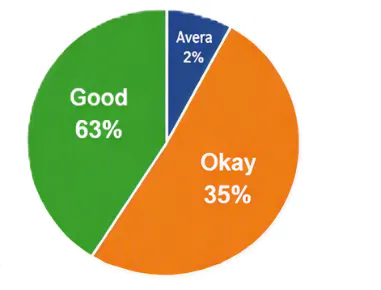 Pie chart displaying overall user satisfaction with 63% Good, 35% Okay, and 2% Average ratings