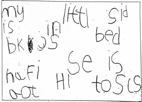 Figure 1b: Faye 5.1 years. She writes, 'My little sister is in bed because she is having her tonsils out'.