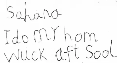 Figure 5: Sahana age 5.1 writes 'I do my homework after school'