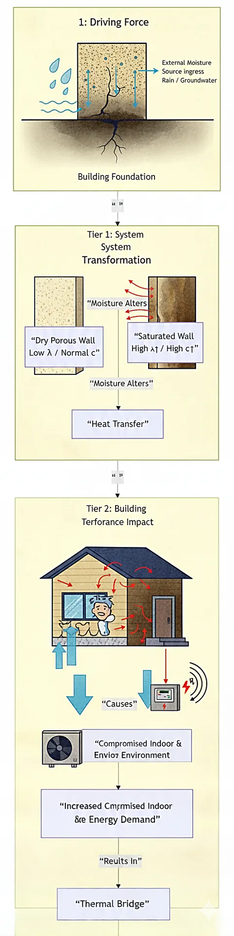 Framework showing moisture ingress at a building foundation, transformation of wall properties, and resulting indoor and energy impacts