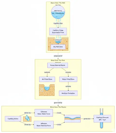 Hierarchical macro-, meso-, and micro-scale model of capillary moisture transport through a porous wall