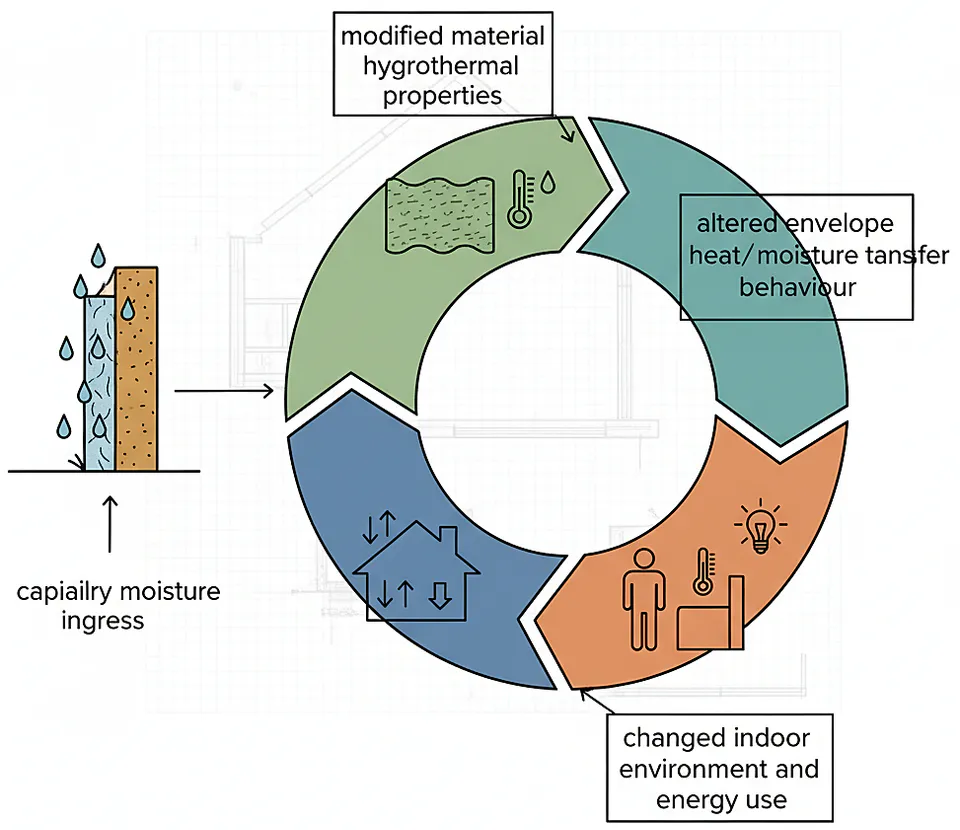 Circular process linking capillary moisture ingress, altered wall properties, envelope heat and moisture transfer, and indoor energy use