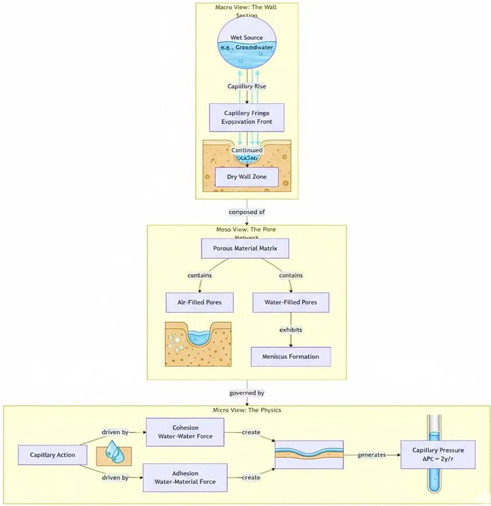 Figure 2: Conceptual model of capillary moisture transport in porous wall material