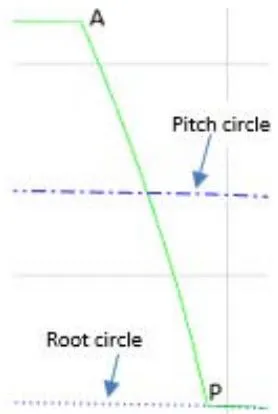 Figure 10: Detailed view of the half of the tooth in gear 3 of table 1. Here=142.8333 mm; = 147 mm