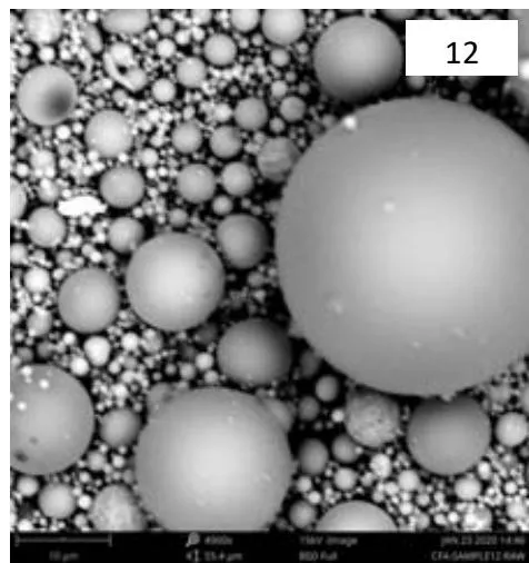 Figure 2: SEM Photographs of the different coal fly ash samples. (Class-F fly ashes: 1-5; Class-C fly ashes: 6-12)