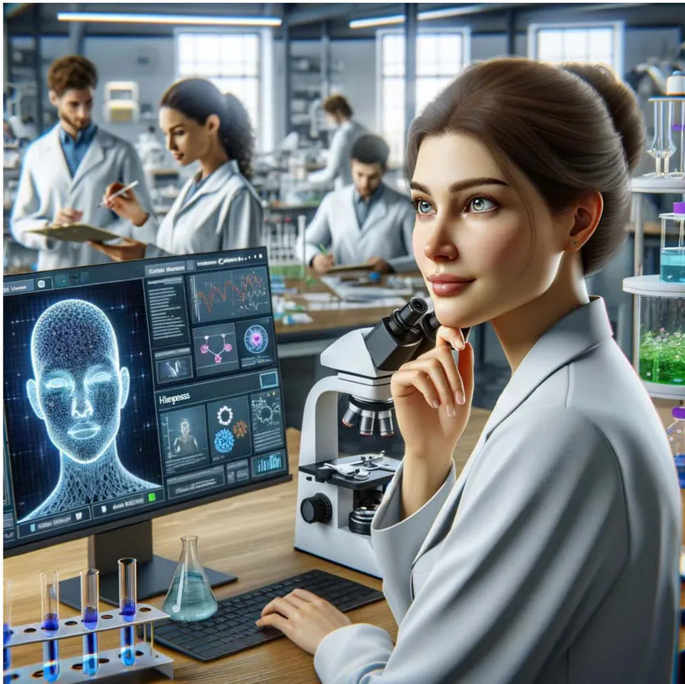 Figure 1: An Image Generated from a Text Prompt: "Create a Photorealistic Image of a Scientist Putting herself out of work by using an AI System to Generate Hypotheses and to Propose Experiments that her Research Assistants can conduct in her Laboratory." This Image was Created Using GPT-4 (Openai 2023) Via Chatgpt Plus particularly interested in how foundation models, or other powerful AI tools of the future, might enhance creativity and productivity for research and experimental design, particularly as it relates to advancing science, as this appears to have the greatest potential for positive- and negative-impact to humanity.