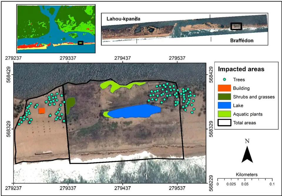 Figure 5: Map of the Impacts of the Opening of the New Pass on the Sandy Coast of Grand-Lahou