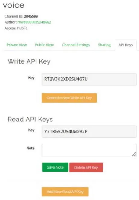 Figure 3: The write/read API key and channel ID of the voice channel