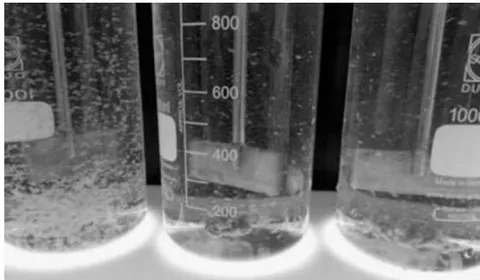 Figure 1: Suspension formed by the High Rate Clarification Technology – anionic polymer dosages from left to right: 0.1; 0.2 and 0.3 mg.L-1, picture taken at a stirrer speed of 27 RPM