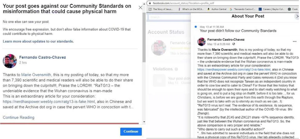 Figure 1: Facebook removed my post (05/12/2020, 11:36 AM), where I recount the research done at: https://nerdhaspower.weebly.com/ratg13-is-fake.html (here remembering the boldness of whistleblower Li-Meng Yan, who defected into the USA to speak-out about the deliberate design and release of COVID-19 by the CCP, but as innumerable others, she has been silenced), nothing health-related here but just the evidence that COVID-19 seems to be engineered at its roots, so they, as if we were already living in communist China, just removed it!!! I ask them to review their decision, and they confirmed for a second time that such post should remain out of the view of the public!!!, and that without giving any reason for it; that censorship is not healthy and is indicative of a very sinister agenda going on; even when the very same information is here, reaching the 11,700 mark: https://www.researchgate.net/post/Third_Sequence_COVID-19_AATGGTACTAAGAGG_HIV-1_isolate_1966324H9_from_Netherlands_envelope_glycoprotein_env_gene_sequence_ID_GU4555031; so, basically Facebook, for some hidden reason, does NOT want you to uncover the real truth about the origin of COVID-19!!! Talk about communist China right here in the "free world"!!! It is documented that the CCP of China censored every publication related to COVID-19 coming out of that country: "One of the official documents of the Communist Party obtained by "New News" is the heavy red-headed document "No. 3 Document" issued by the National Health and Health Commission on January 3. This full name "Notice on Strengthening the Management of Biological Sample Resources and Related Scientific Research Activities in the Prevention and Control of Major Emergent Infectious Diseases" was not published on the official website." And it says in its point number two: "2. Without approval, it is not allowed to provide biological samples and related information to other institutions and individuals": https://project-evidence.github.io/, https://archive.vn/GFIkC.