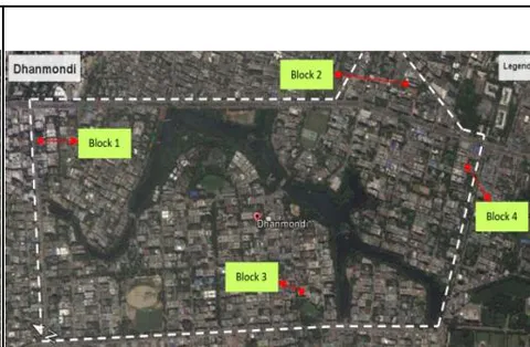 Fig. 2: Location of study blocks, Dhanmondi