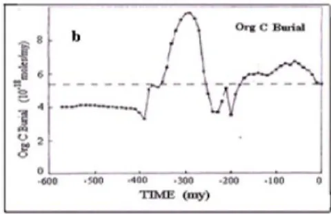 Fig. 3: The in-phase changes of oxygen content in the atmosphere (a) and burial organic matter rates in the sedimentary rocks in Phanerozoic.