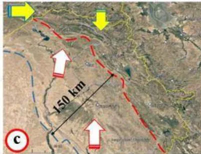 Figure 4: Satellite images showing the climatic zones in Iraq (4a), the developed two sand dune fields (4 b), and the current front, which forms the contact between the two zones (4 c).